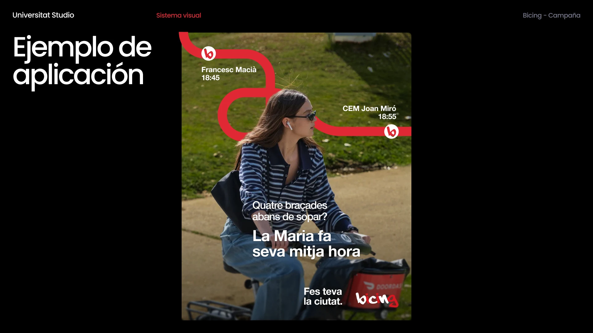 Poster showing a cyclist in a park with a red route line marked Francesc Macià 18:45 and CEM Joan Miró 18:55