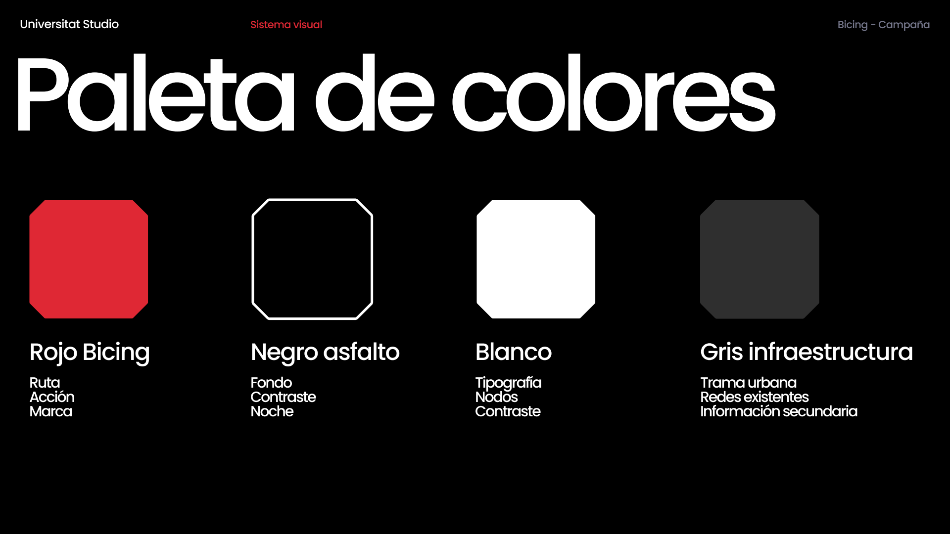 Colour swatches for Bicing red, asphalt black, white and infrastructure grey